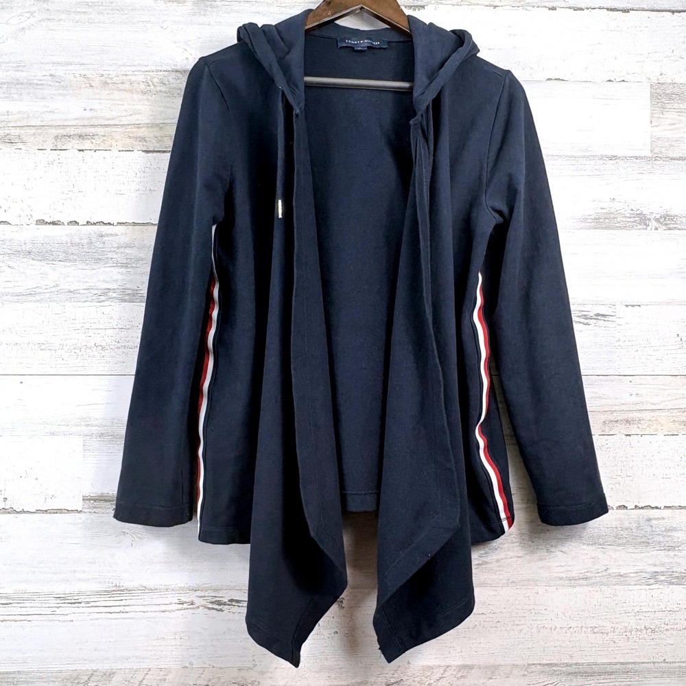 Tommy Hilfiger Hooded Flyaway Open Front Cardigan M Navy Blue Side Stripe Preppy